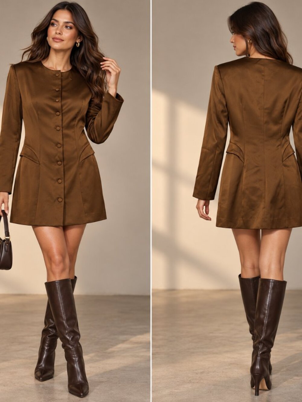 Commense Brown Satin Longline Blazer Jacket Size L NWT Tailored Y2K Minimalist